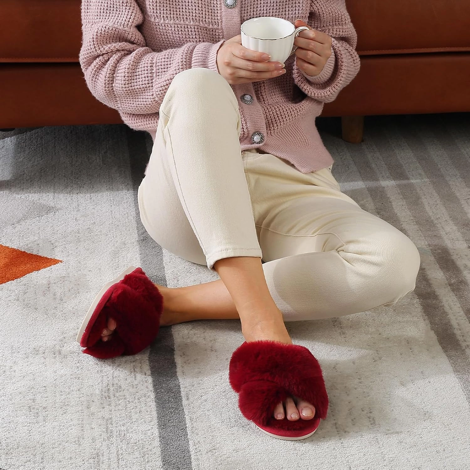 Parlovable Women's Fuzzy Slippers Comfy Cross Band House Shoes Memory Foam Open Toe Indoor Gifts for Ladies