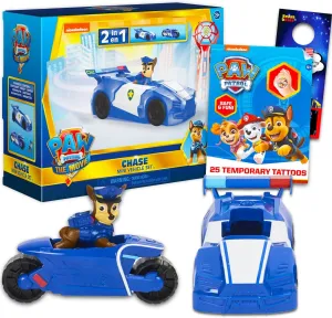 Paw Patrol Chase Mini Movie Vehicle Set - 4 Pc Bundle With 2-in-1 Toy Car, Action Figures, Tattoos and More | Toys for Kids