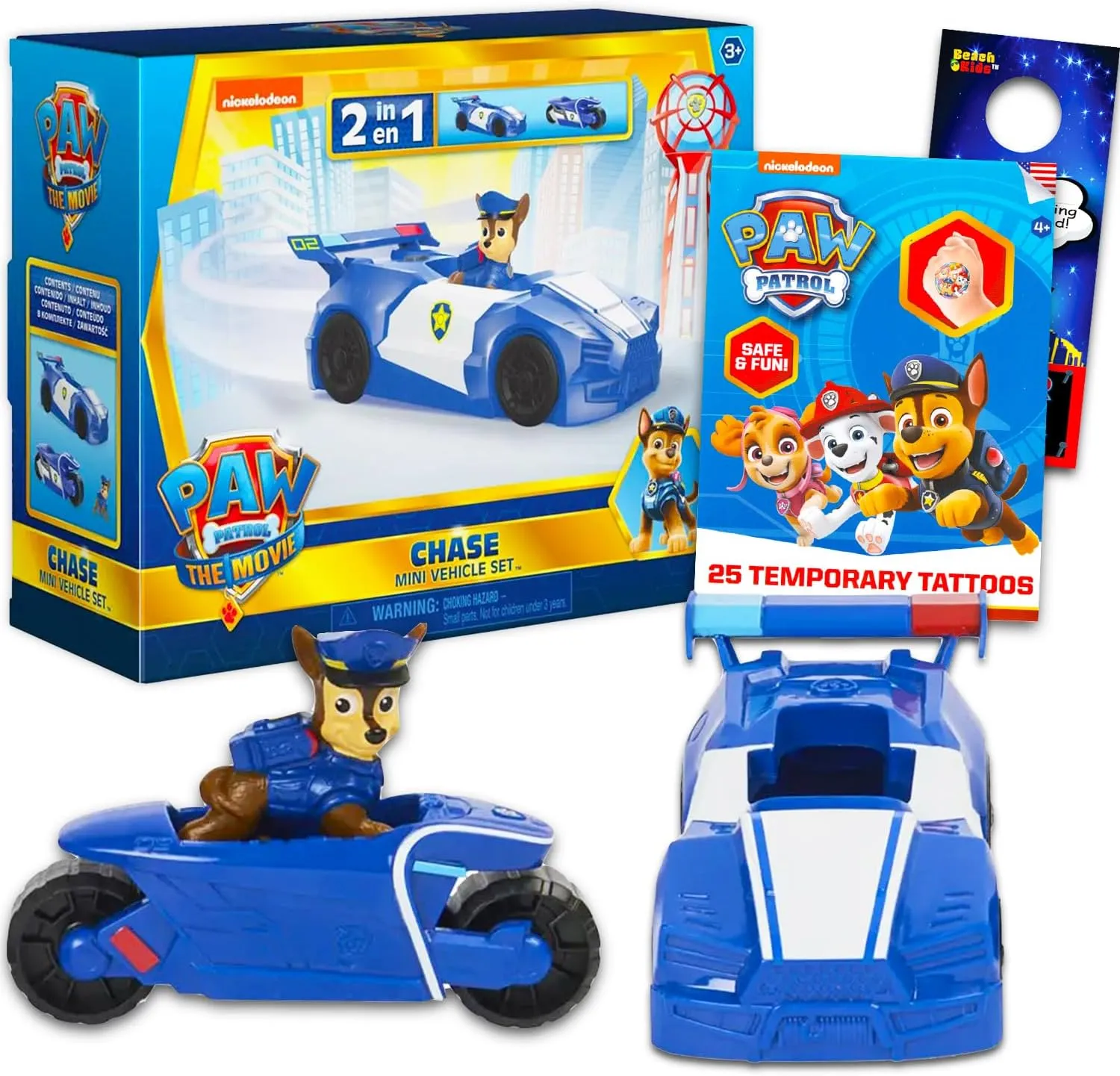 Paw Patrol Chase Mini Movie Vehicle Set - 4 Pc Bundle With 2-in-1 Toy Car, Action Figures, Tattoos and More | Toys for Kids