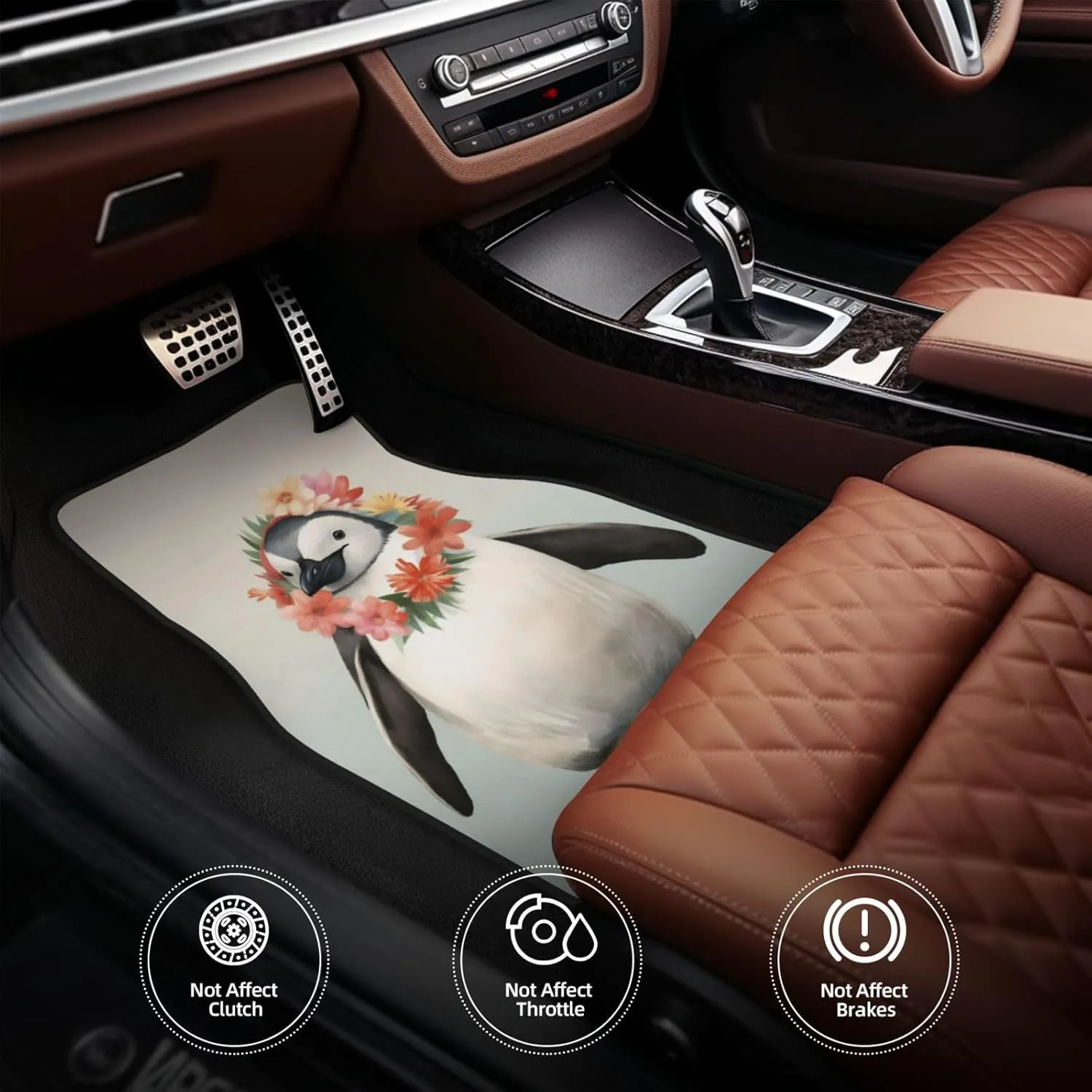 Penguin Wearing Flowers Universal Car Floor Mats, Car Foot Mat Set of 4 Pieces, Automotive Front Rear Floor Foot Mats, Anti-Slip Neoprene Car Floor Rugs,for Suvs, Sedans, Van, Trucks