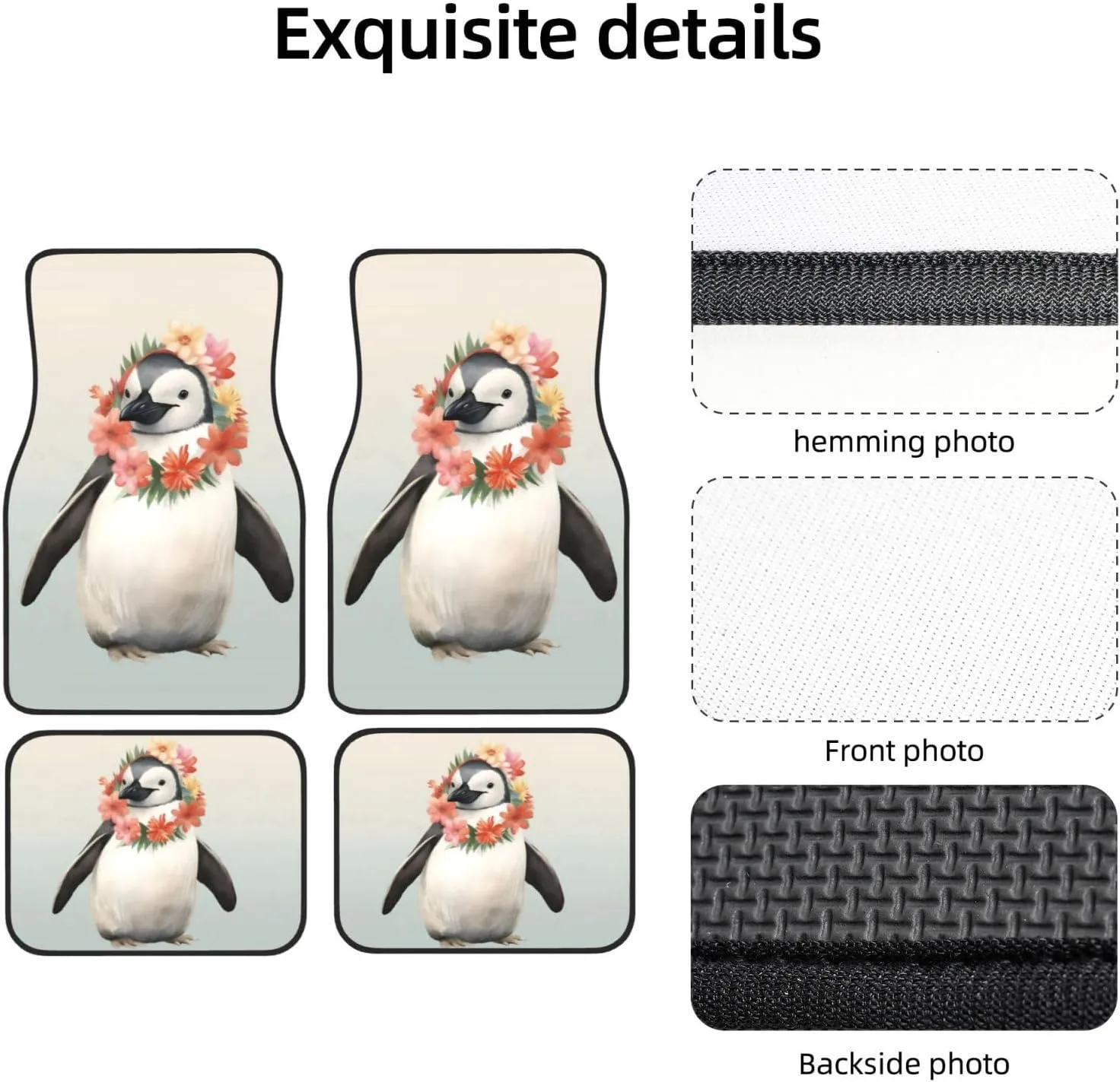 Penguin Wearing Flowers Universal Car Floor Mats, Car Foot Mat Set of 4 Pieces, Automotive Front Rear Floor Foot Mats, Anti-Slip Neoprene Car Floor Rugs,for Suvs, Sedans, Van, Trucks