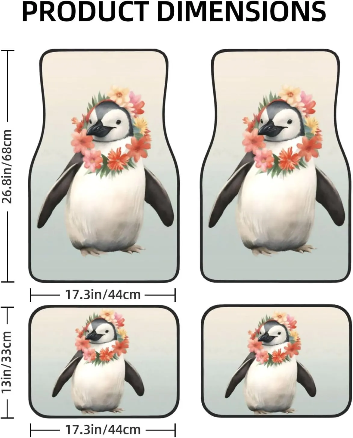 Penguin Wearing Flowers Universal Car Floor Mats, Car Foot Mat Set of 4 Pieces, Automotive Front Rear Floor Foot Mats, Anti-Slip Neoprene Car Floor Rugs,for Suvs, Sedans, Van, Trucks