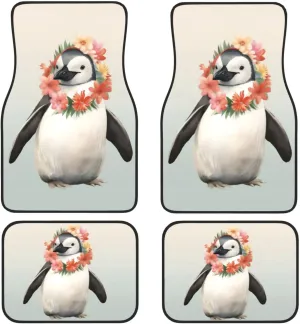 Penguin Wearing Flowers Universal Car Floor Mats, Car Foot Mat Set of 4 Pieces, Automotive Front Rear Floor Foot Mats, Anti-Slip Neoprene Car Floor Rugs,for Suvs, Sedans, Van, Trucks