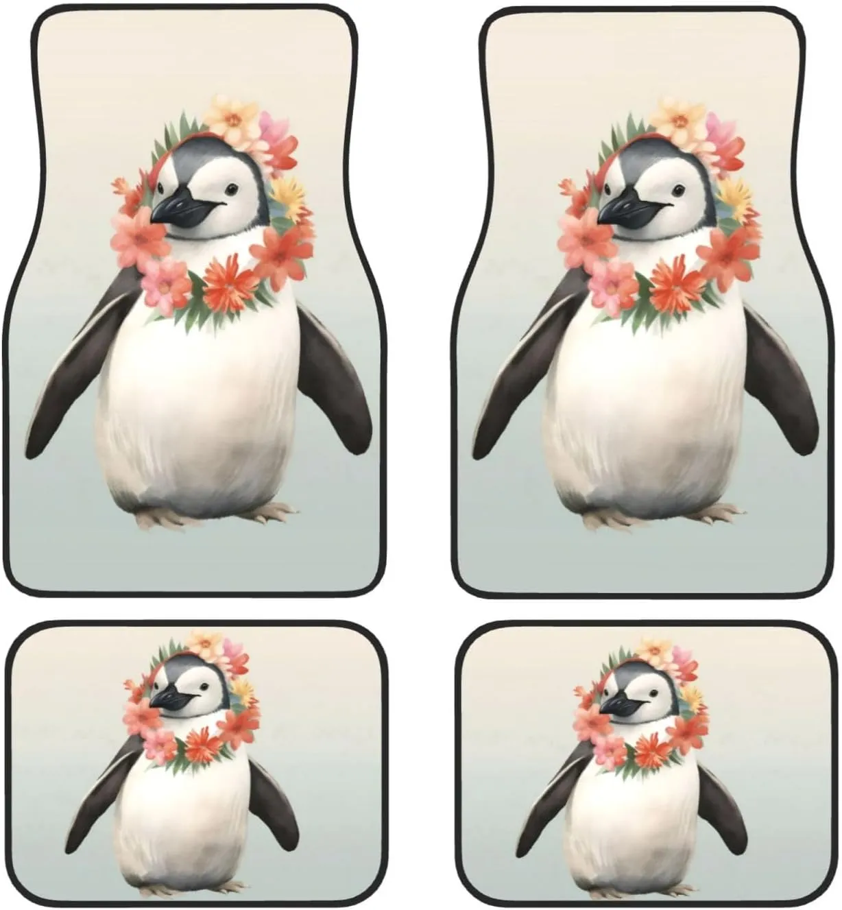 Penguin Wearing Flowers Universal Car Floor Mats, Car Foot Mat Set of 4 Pieces, Automotive Front Rear Floor Foot Mats, Anti-Slip Neoprene Car Floor Rugs,for Suvs, Sedans, Van, Trucks