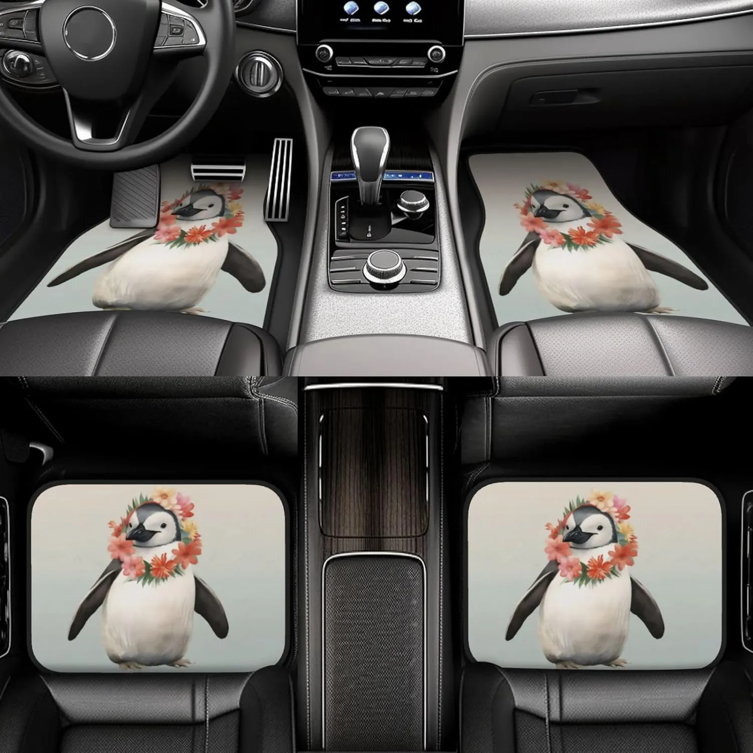 Penguin Wearing Flowers Universal Car Floor Mats, Car Foot Mat Set of 4 Pieces, Automotive Front Rear Floor Foot Mats, Anti-Slip Neoprene Car Floor Rugs,for Suvs, Sedans, Van, Trucks