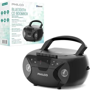 Philco Portable Bluetooth Boombox with CD and Cassette Player | Cassette Recorder | Connect to Headphones | CD Player is Compatible with MP3/WMA/CD-R/CD-RW CDs | 3.5mm Aux Input | AC/Battery Powered