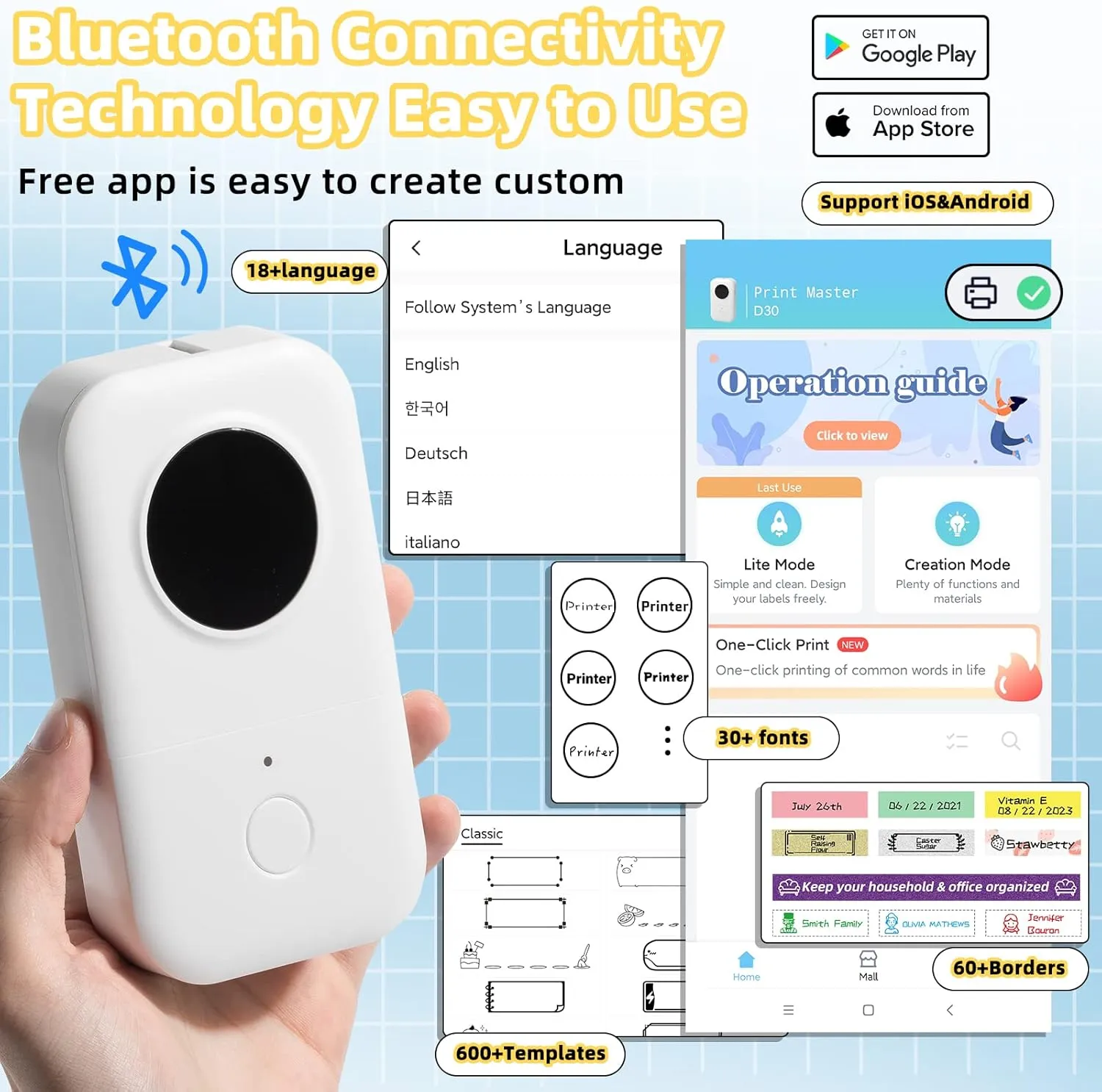 Phomemo Label Maker Machine with Tape, D30 Bluetooth Thermal Mini Label Printer for Organizing Storage, Office Supplies,Barcode,Mailing,Home Storage,Small Portable Sticker Maker, White