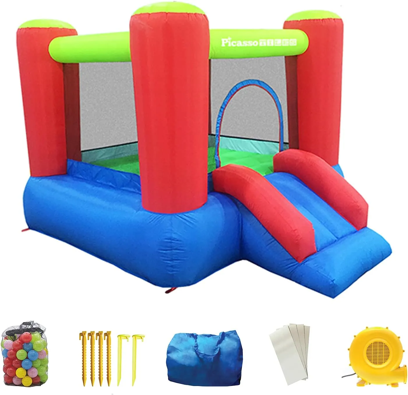 PicassoTiles KC106 8x7 Foot Junior Inflatable Bouncer, Kid Park, Jumping Bouncing House, Jump Slide Playhouse w/ 50 Pit Balls, 3 Sides Mesh Protection, and Heavy-Duty GFCI ETL Certified 385W Blower