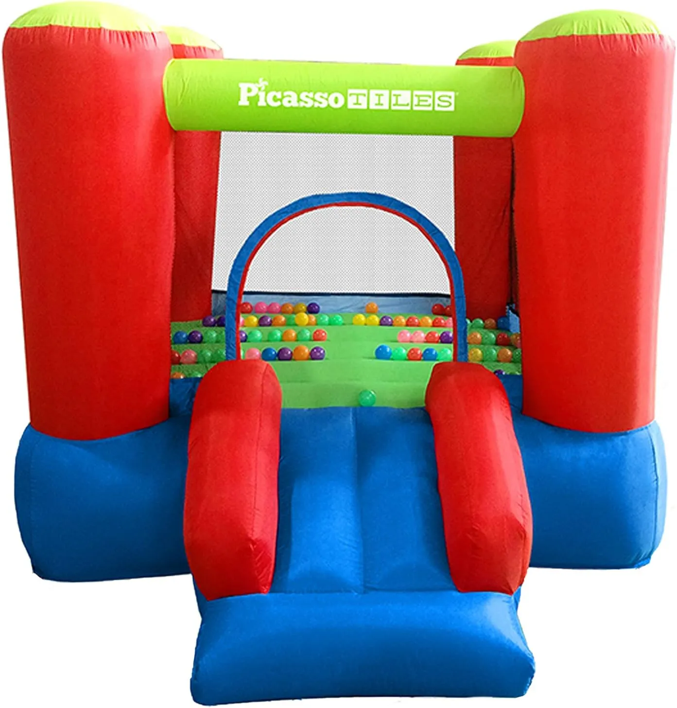 PicassoTiles KC106 8x7 Foot Junior Inflatable Bouncer, Kid Park, Jumping Bouncing House, Jump Slide Playhouse w/ 50 Pit Balls, 3 Sides Mesh Protection, and Heavy-Duty GFCI ETL Certified 385W Blower