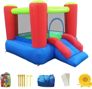 PicassoTiles KC106 8x7 Foot Junior Inflatable Bouncer, Kid Park, Jumping Bouncing House, Jump Slide Playhouse w/ 50 Pit Balls, 3 Sides Mesh Protection, and Heavy-Duty GFCI ETL Certified 385W Blower