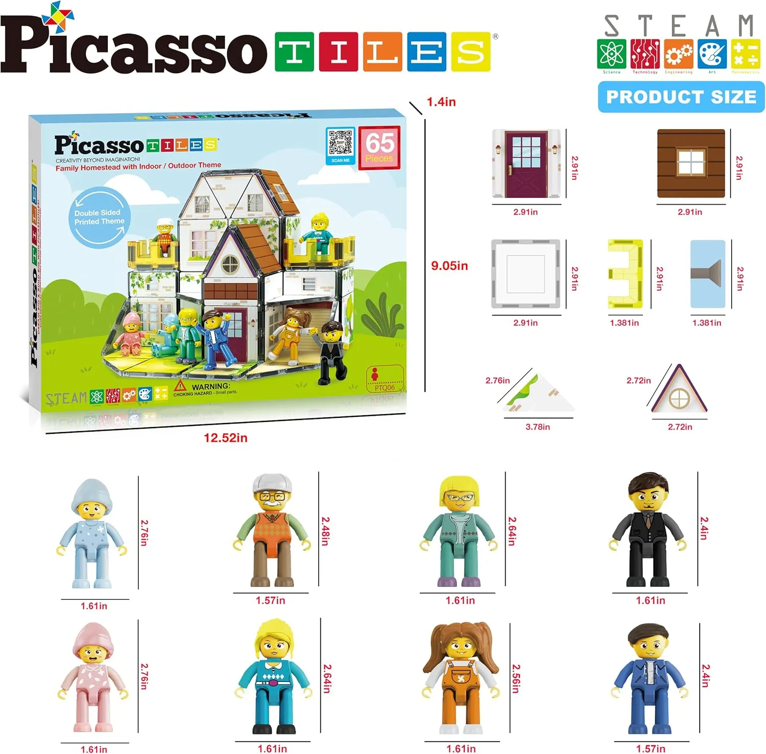 PicassoTiles Magnet Tile Building Block Family Homestead Doll House Theme Playset 8 Character Action Figures Double Sided Magnetic Tiles Printing STEM Education Learning Kit Toy Set Kids Ages 3  PTQ06