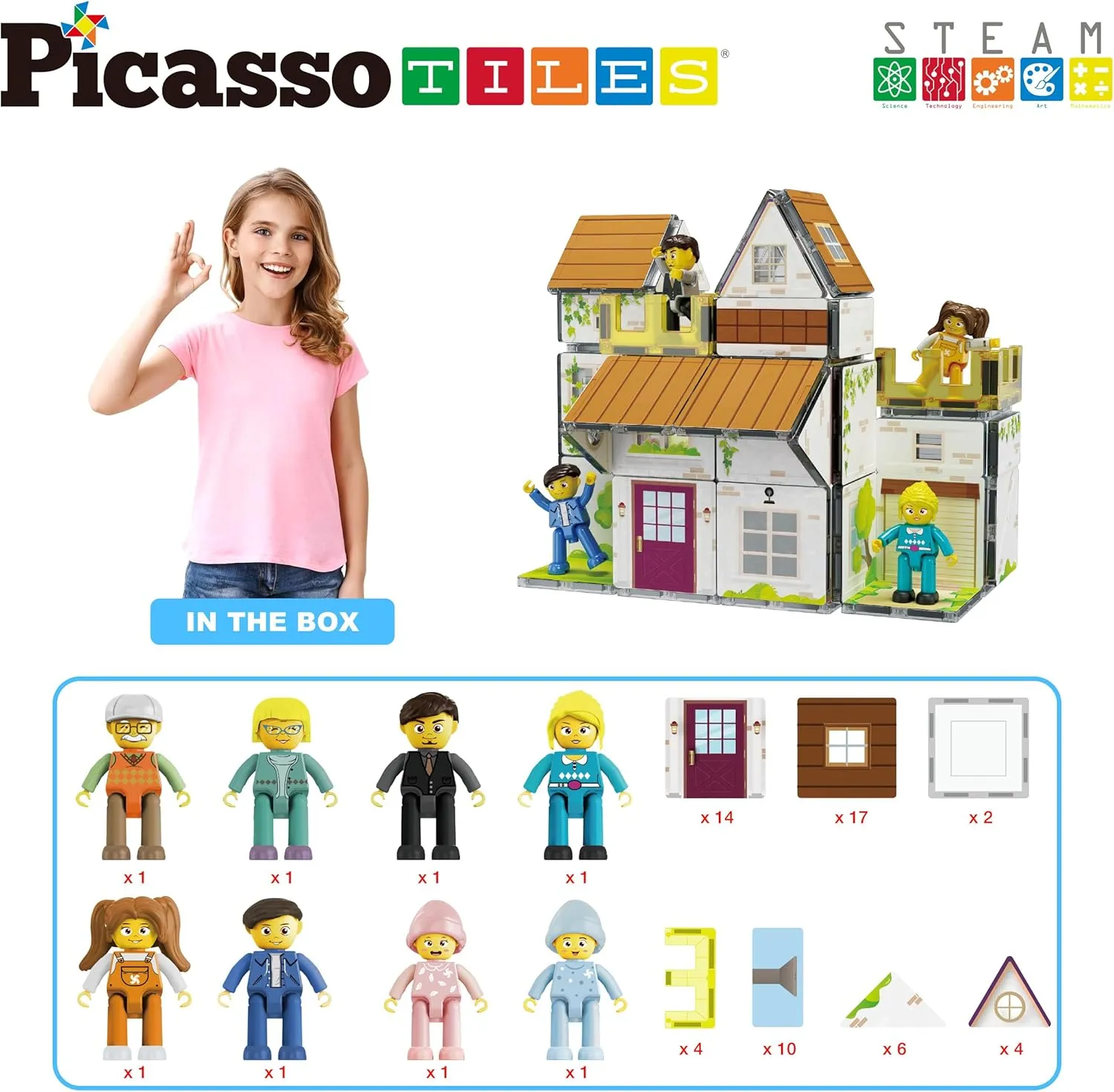 PicassoTiles Magnet Tile Building Block Family Homestead Doll House Theme Playset 8 Character Action Figures Double Sided Magnetic Tiles Printing STEM Education Learning Kit Toy Set Kids Ages 3  PTQ06