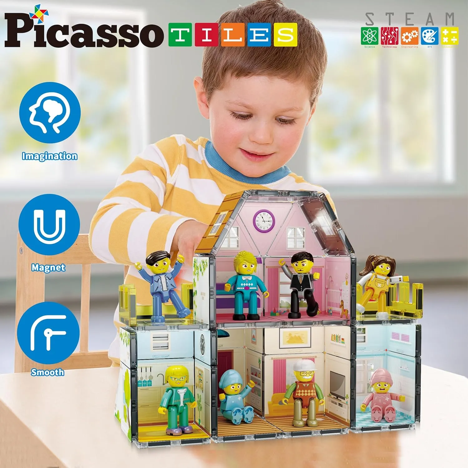 PicassoTiles Magnet Tile Building Block Family Homestead Doll House Theme Playset 8 Character Action Figures Double Sided Magnetic Tiles Printing STEM Education Learning Kit Toy Set Kids Ages 3  PTQ06