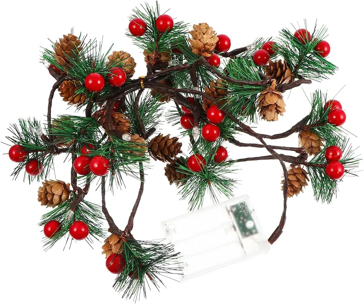 PineCones String Lights Christmas Pine Cone Light String LED Red Berry Pine Cone Garland Lights LED Garland String Lights Fairy Lights for Home Fireplace Christmas Party