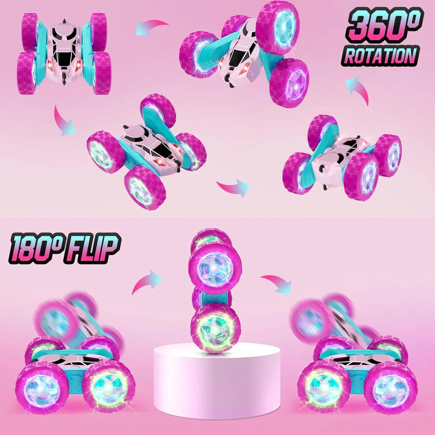 Pink Remote Control Car for Girls 6-12 Year Old Double Sided 360°Rotating 4WD Rechargeable RC Cars Race Stunt Toy Car for Kids Birthday