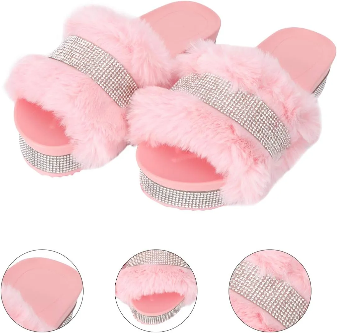 Plush Slippers Open Toe Stage Rhinestone Fuzzy Slippers Shoes Household Outdoor Indoor Slippers Shoes Girls Slippers Gift 1 Pair