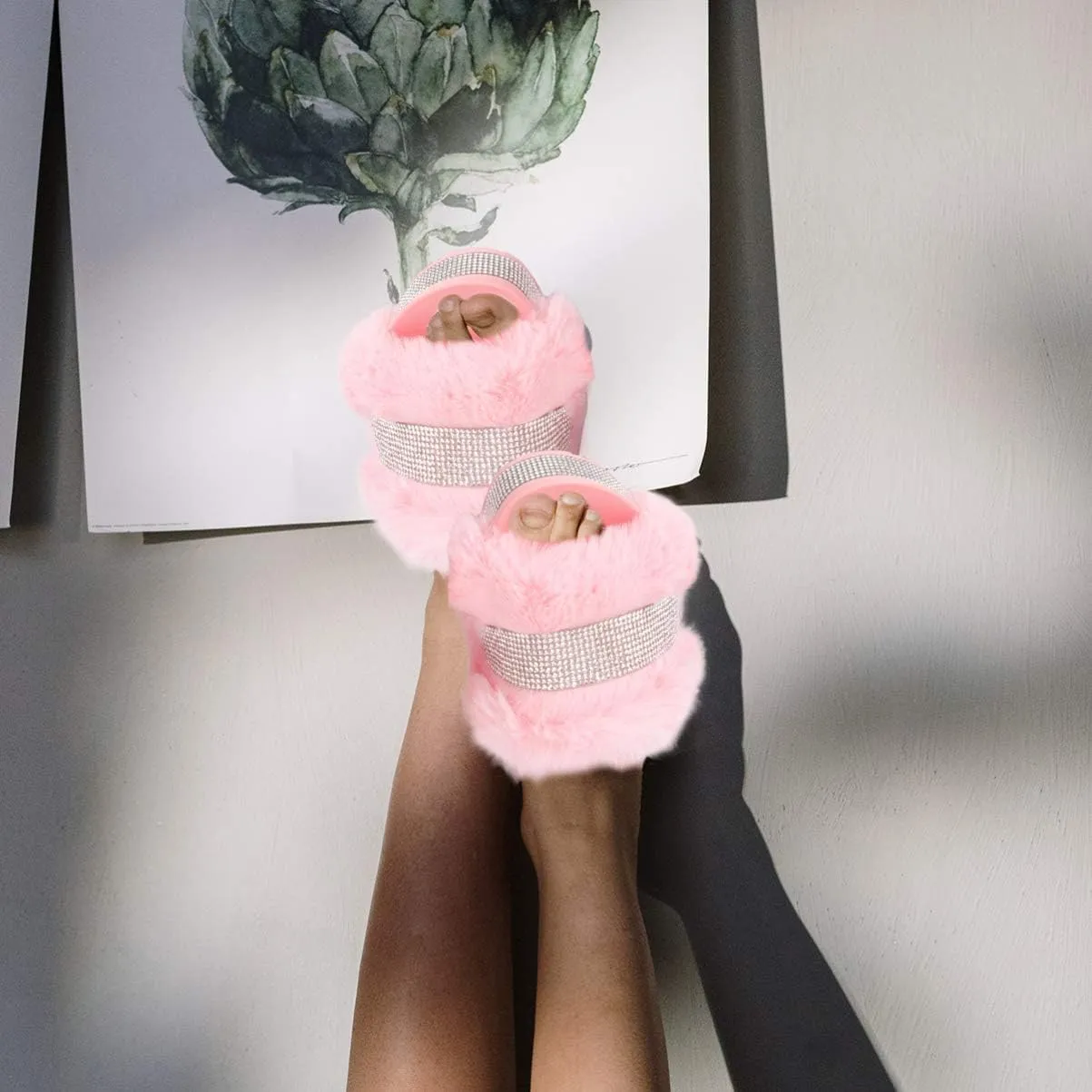 Plush Slippers Open Toe Stage Rhinestone Fuzzy Slippers Shoes Household Outdoor Indoor Slippers Shoes Girls Slippers Gift 1 Pair