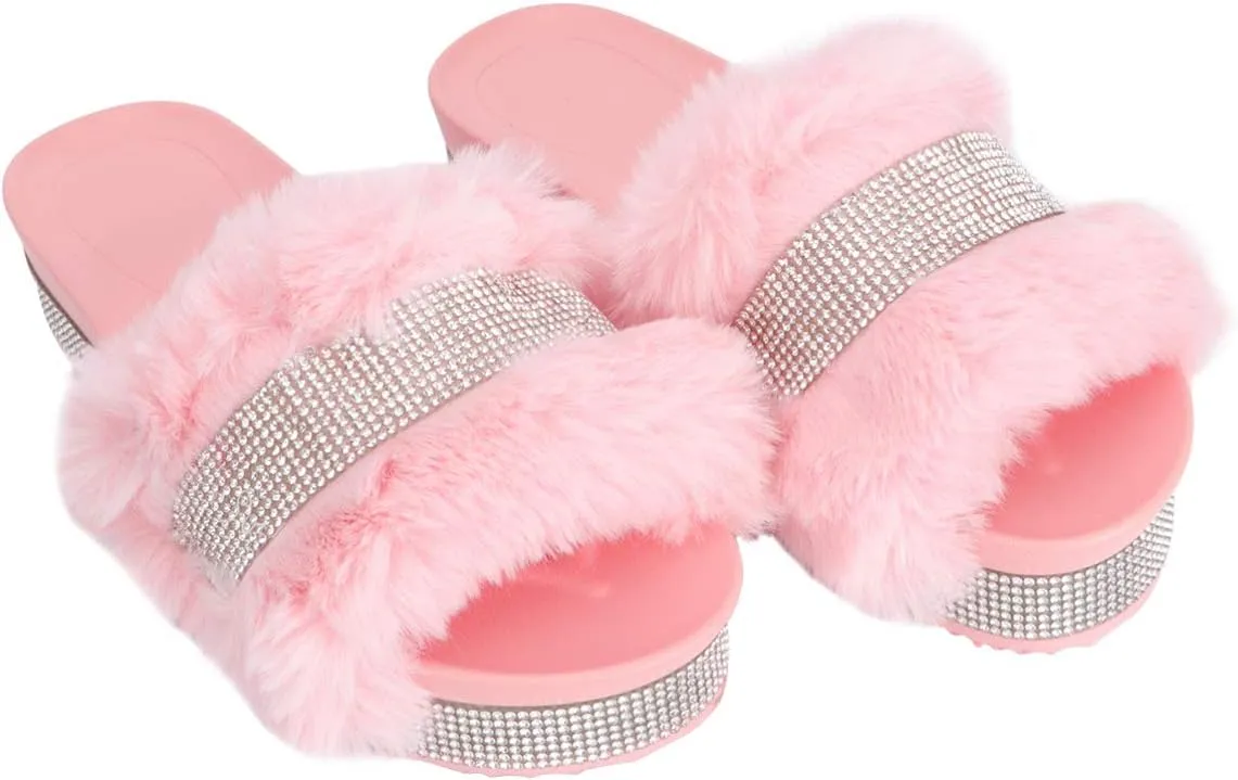 Plush Slippers Open Toe Stage Rhinestone Fuzzy Slippers Shoes Household Outdoor Indoor Slippers Shoes Girls Slippers Gift 1 Pair