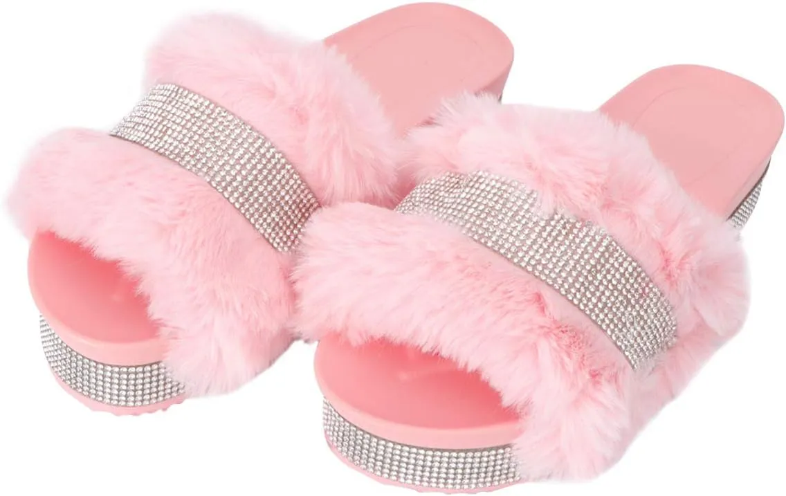 Plush Slippers Open Toe Stage Rhinestone Fuzzy Slippers Shoes Household Outdoor Indoor Slippers Shoes Girls Slippers Gift 1 Pair
