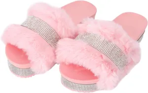 Plush Slippers Open Toe Stage Rhinestone Fuzzy Slippers Shoes Household Outdoor Indoor Slippers Shoes Girls Slippers Gift 1 Pair