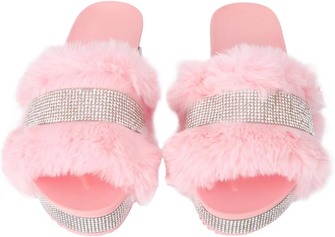 Plush Slippers Open Toe Stage Rhinestone Fuzzy Slippers Shoes Household Outdoor Indoor Slippers Shoes Girls Slippers Gift 1 Pair
