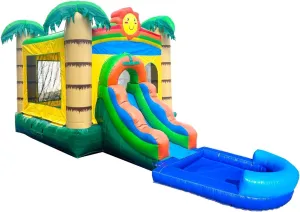 Pogo Bounce House Inflatable with Slide for Kids - 26.5 x 12 x 14.5 Foot Backyard Non Printed Tropical Smiley Castle Combo Bouncer with Water Pool, Outdoor Toys and Jumpers - Includes Blower, Stakes