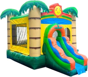 Pogo Bounce House Kids Inflatable with Slide for Kids 12 x 12 x 18 Foot - Backyard Non Printed Tropical Jungle Castle Smiley Face Combo Bouncer, Outdoor Toys, Jumper - Includes Blower, Stakes Storage