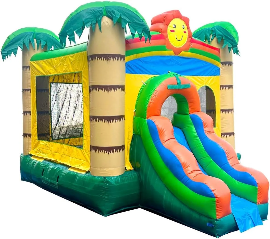 Pogo Bounce House Kids Inflatable with Slide for Kids 12 x 12 x 18 Foot - Backyard Non Printed Tropical Jungle Castle Smiley Face Combo Bouncer, Outdoor Toys, Jumper - Includes Blower, Stakes Storage