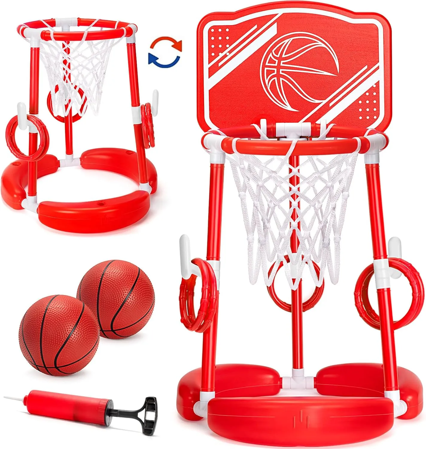 Pool Basketball Hoop, 2-in-1 Poolside Floating Pool Basketball Game, Swimming Pool Games for Kids Adults Indoor Outdoor Play, Water Play Toy Family Party, includes Hoop, Balls, Pump, Backboard, Red