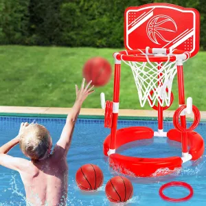 Pool Basketball Hoop, 2-in-1 Poolside Floating Pool Basketball Game, Swimming Pool Games for Kids Adults Indoor Outdoor Play, Water Play Toy Family Party, includes Hoop, Balls, Pump, Backboard, Red