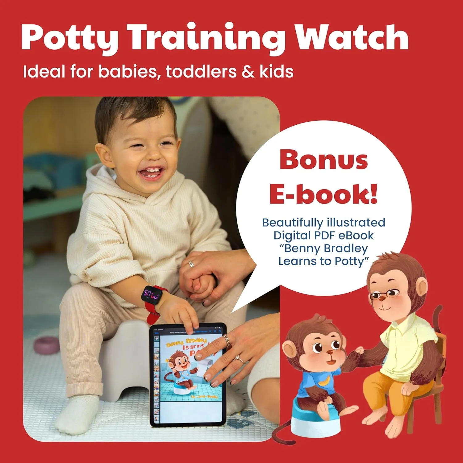 Potty Training Watch for Kids V4 – A Water Resistant Toilet Reminder Device for Boys & Girls to Train Your Toddler with Fun/Musical & Vibration Interval Reminder with Potty Training eBook (Crimson)