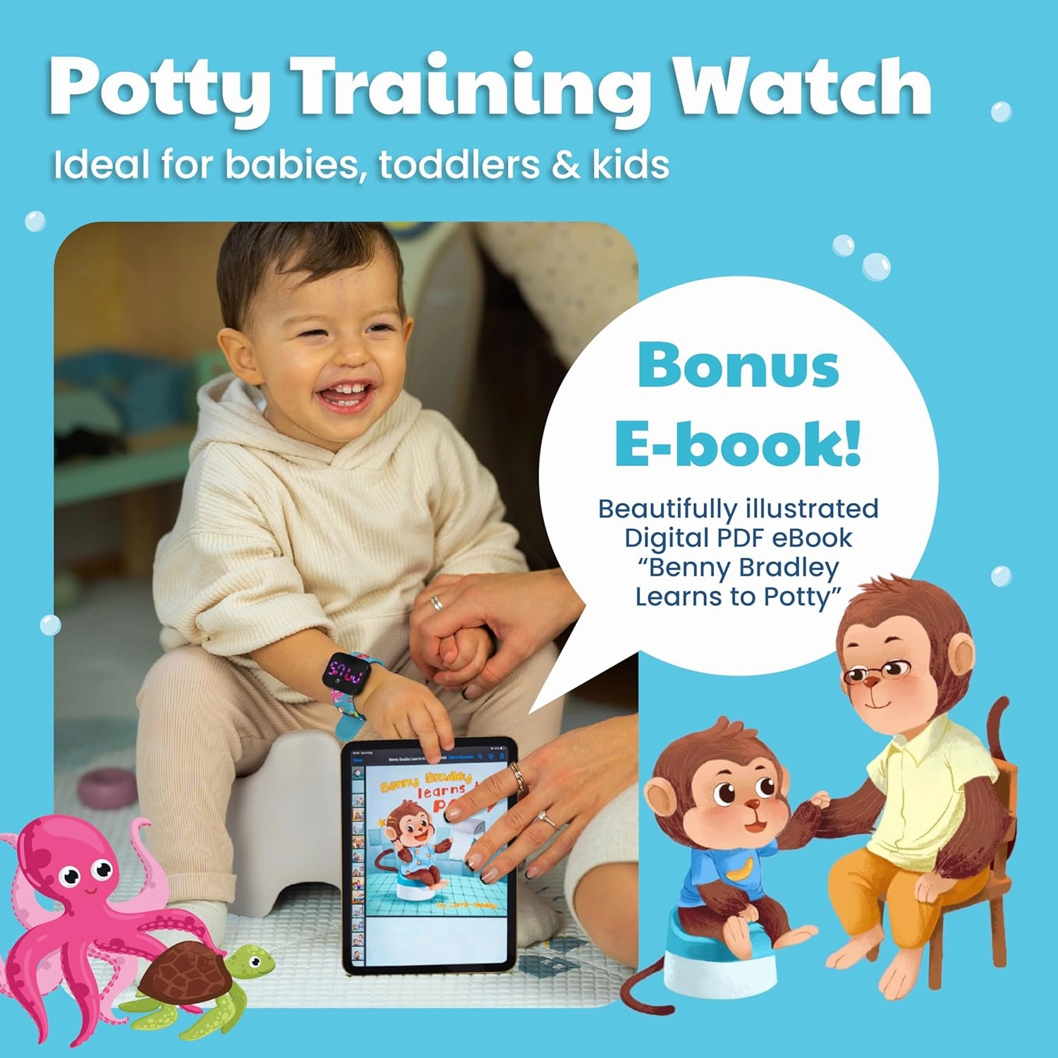 Potty Training Watch for Kids V2 – A Water Resistant Toilet Reminder Device for Boys & Girls to Train Your Toddler with Fun/Musical & Vibration Interval Reminder with Potty Training eBook (Ocean)