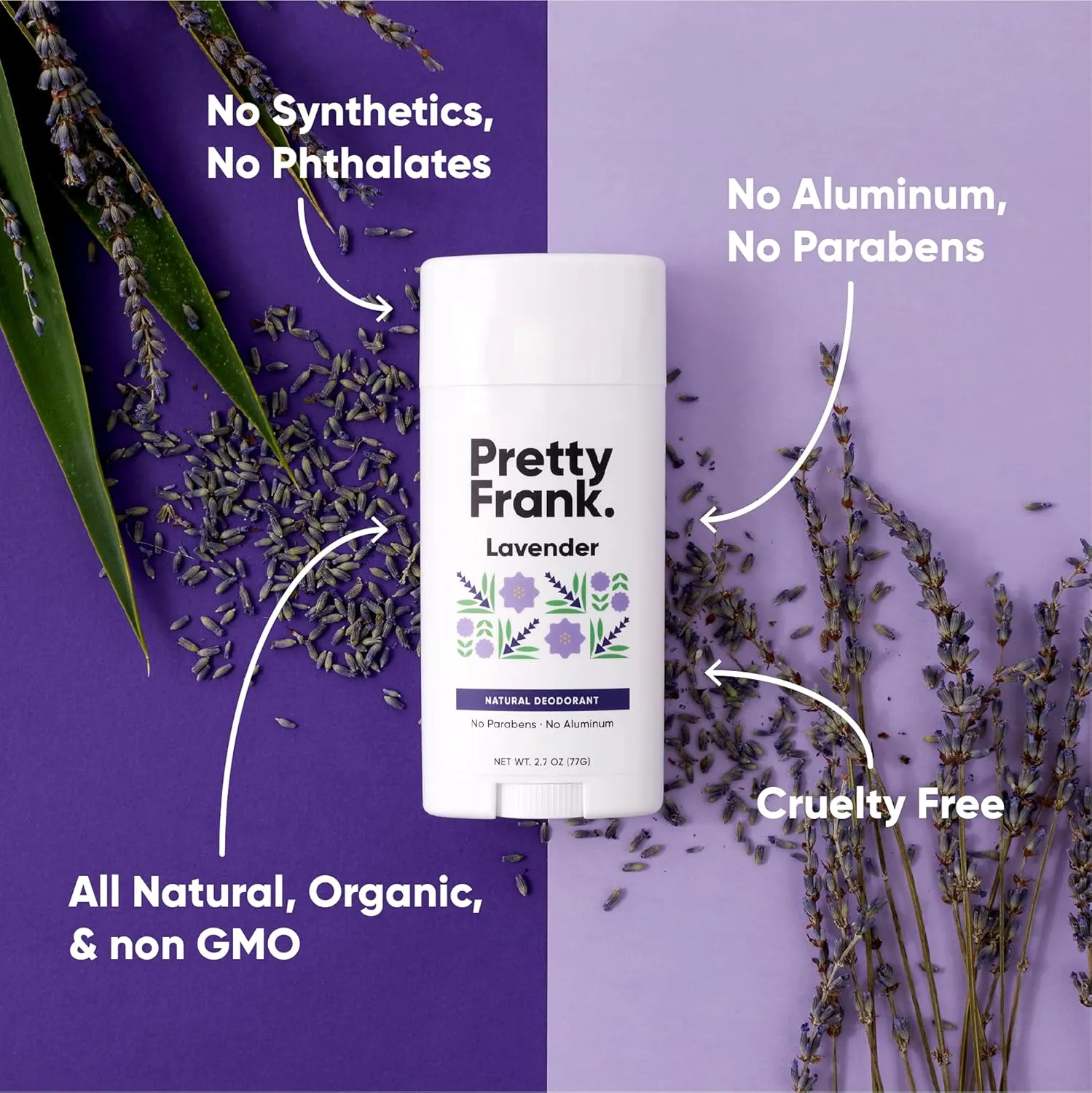 Pretty Frank Natural Aluminum-Free Deodorant Stick, Lavender (2-Pack) | All-Day Odor Control for Women & Men | Effective, Skin Soothing Formula with Safe, Organic Ingredients and Essential Oils