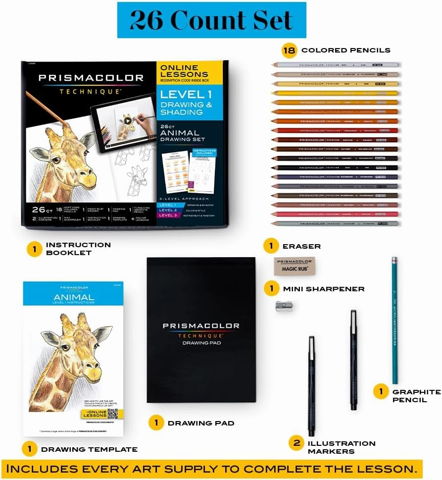 Prismacolor Technique, Art Supplies with Digital Art Lessons, Animal Drawings Set, Level 1, How to Draw Animals with Colored Pencils, Graphite Pencils, and More, Fox Drawing Lesson, 26 Count