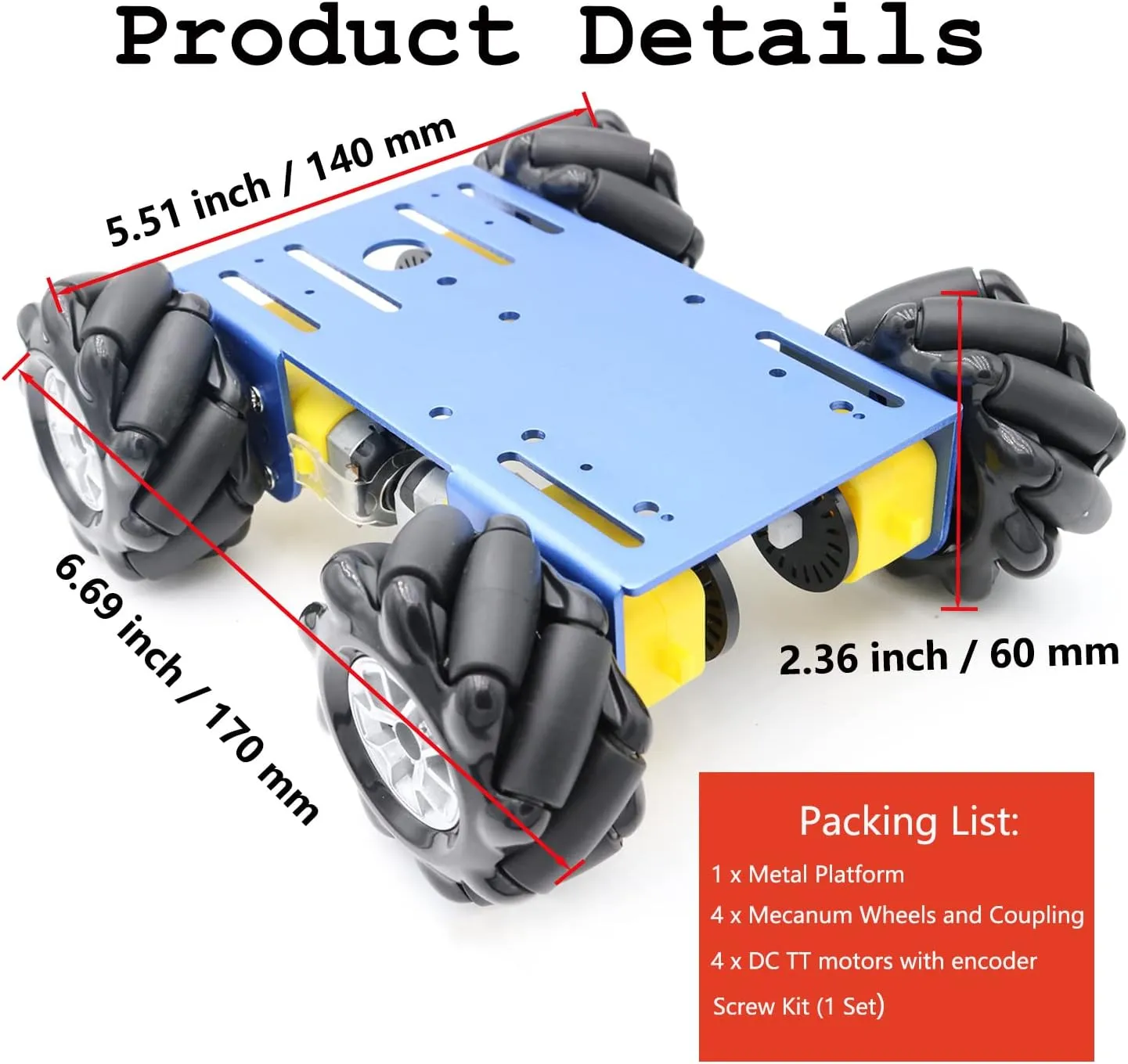 Professional 60mm Mecanum Wheel Car Chassis MC100 for Arduino/Raspberry pi/Micobit, Remote Control 4WD Metal Smart Robot Car Chassis Kit Omnidirectional Wheel with DC TT Motor DIY Toy AI ROS STEAM