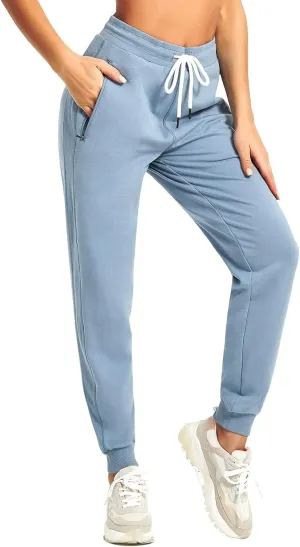 PULI Women Workout Sweatpants Cotton Jogger Ribber Splicing Lounge Sweat Pants with Zipper Pocket