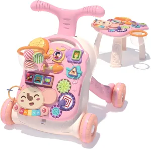 QDRAGON 3 in 1 Baby Walker and Activity Center for Girl, Learning to Walk, Sit to Stand, Early Educational Push Toys with Music Panel for Infant Toddler 12  Months Pink
