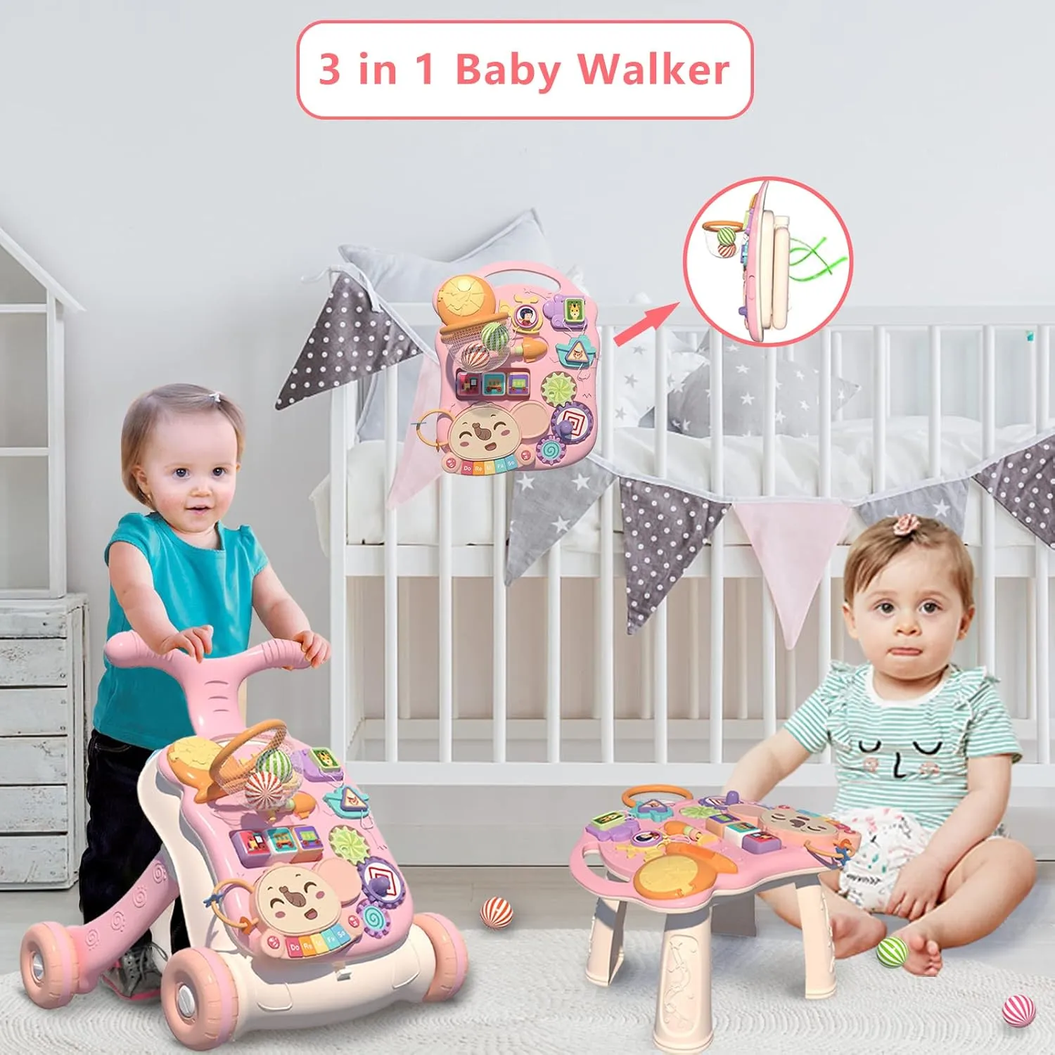 QDRAGON 3 in 1 Baby Walker and Activity Center for Girl, Learning to Walk, Sit to Stand, Early Educational Push Toys with Music Panel for Infant Toddler 12  Months Pink
