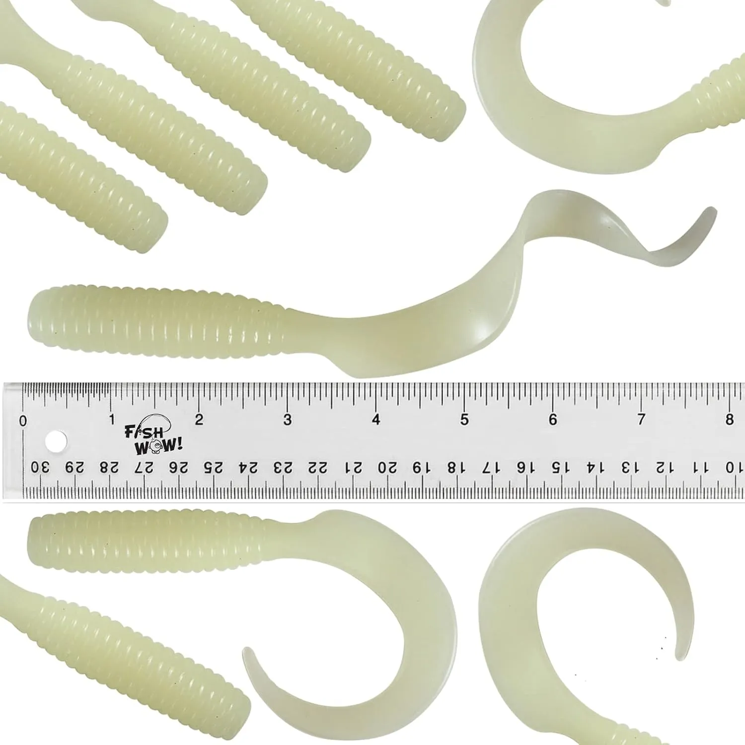 Qty 9 Fish WOW! 8" (with Tail Extended) Curly Single Tail Perch Grub Lure 5 inch Glow Scampi Soft Bait Premium Quality jighead Soft Grub Lure - Glow in The Dark