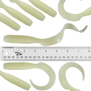 Qty 9 Fish WOW! 8" (with Tail Extended) Curly Single Tail Perch Grub Lure 5 inch Glow Scampi Soft Bait Premium Quality jighead Soft Grub Lure - Glow in The Dark