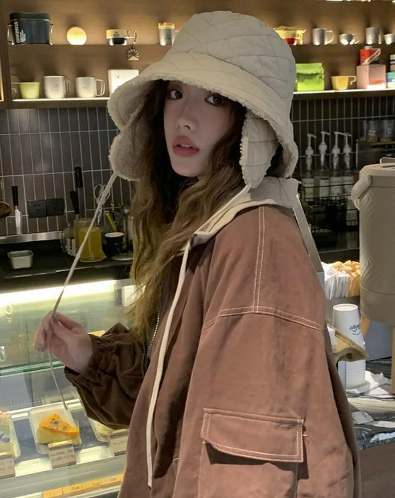 Quilted Bucket Hat Winter Warm Hat for Woman Down Padding Bucket Cap Fishing Hat Thick Plush Earflap Fisherman Bucket Hats