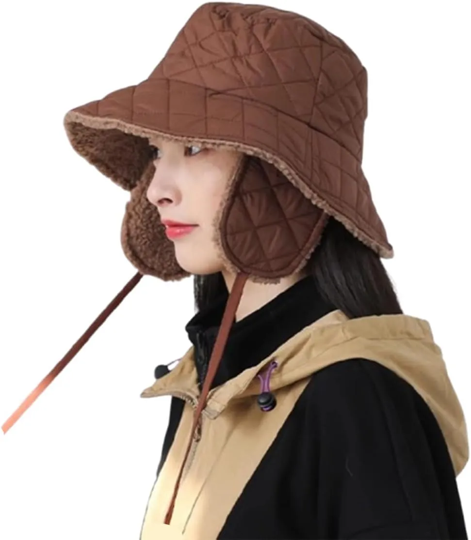 Quilted Bucket Hat Winter Warm Hat for Woman Down Padding Bucket Cap Fishing Hat Thick Plush Earflap Fisherman Bucket Hats