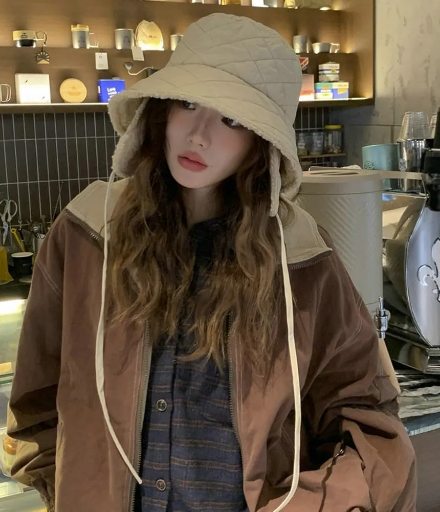 Quilted Bucket Hat Winter Warm Hat for Woman Down Padding Bucket Cap Fishing Hat Thick Plush Earflap Fisherman Bucket Hats