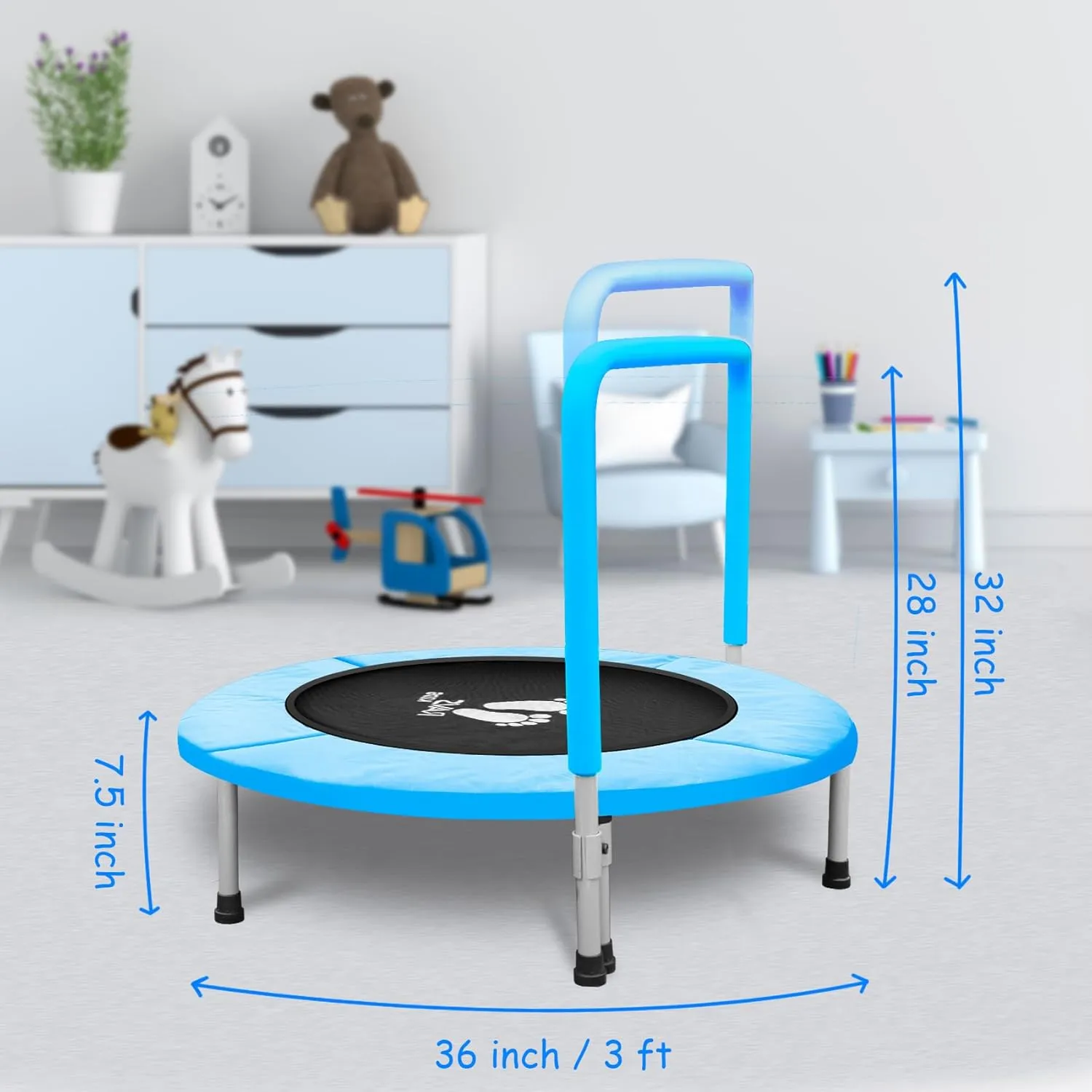 RAVS 36" Toddler Trampoline for Kids Ages 1-6 with Thick Safety Pad Adjustable Foam Handle Easy Assembly Foldable Mini Kids Rebounder Baby Trampolines for Fun and Exercise Indoor/Garden