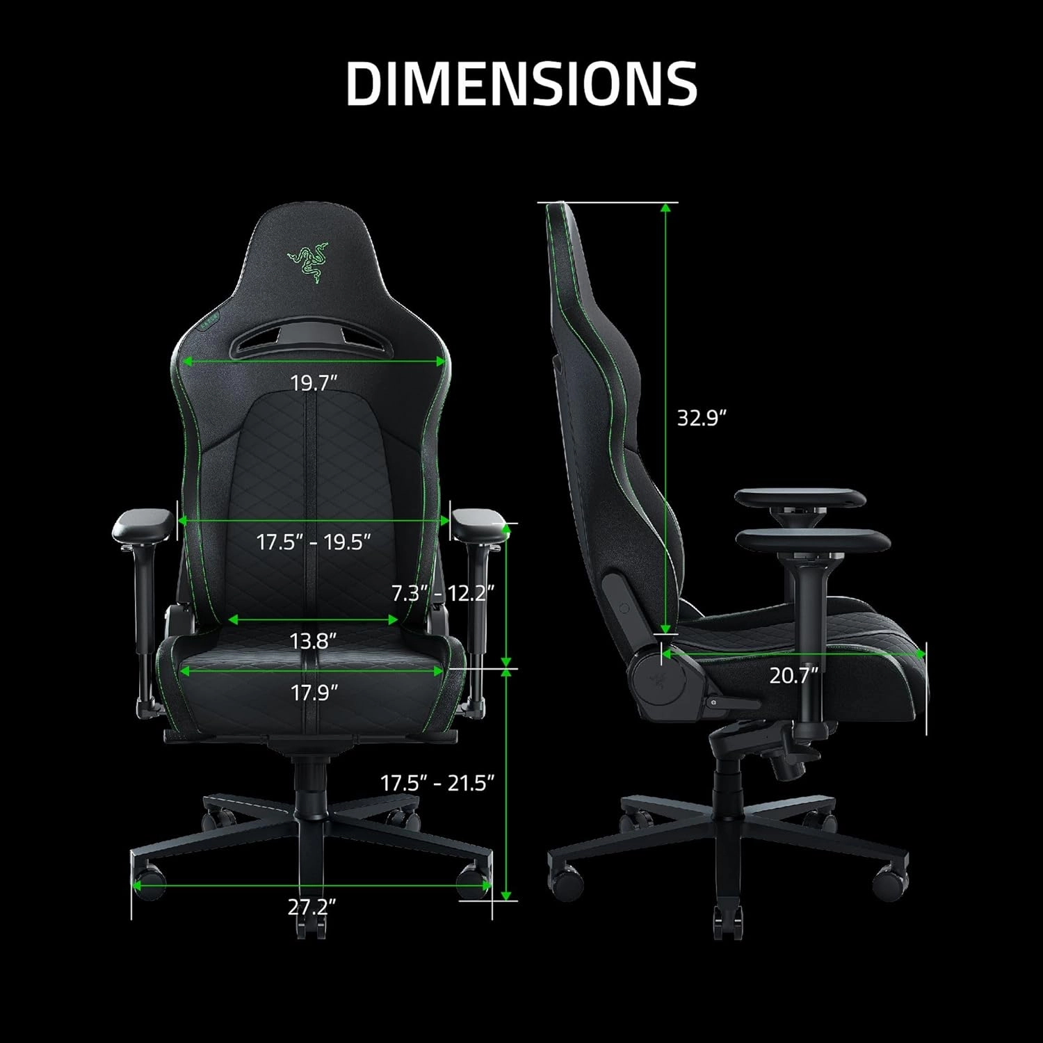 Razer Enki Gaming Chair: All-Day Comfort - Built-in Lumbar Arch - Optimized Cushion Density - Dual-Textured, Eco-Friendly Synthetic Leather - Reactive Seat Tilt & 152-Degree Recline - Black/Green