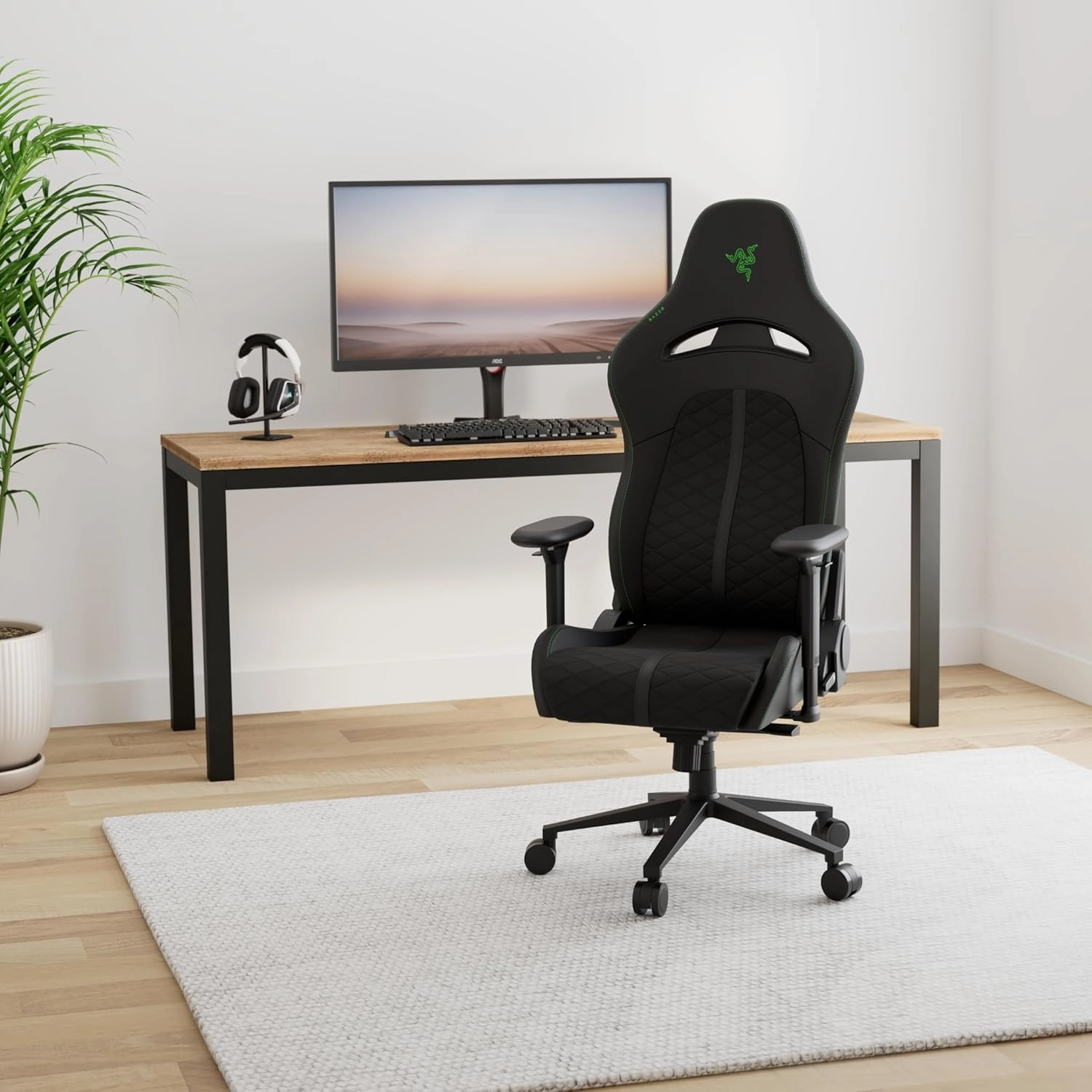 Razer Enki Gaming Chair: All-Day Comfort - Built-in Lumbar Arch - Optimized Cushion Density - Dual-Textured, Eco-Friendly Synthetic Leather - Reactive Seat Tilt & 152-Degree Recline - Black/Green