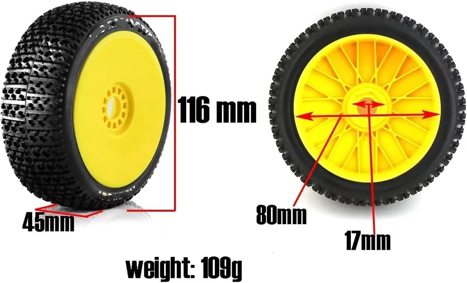 Rc Car Wheel Rim Tire Compatible with ARRMA for Traxxas for Redcat for Team for Losi for Kyosho for VRX 1/8 RC Off Road for Buggy 116mm Tire Wheel 17mm Hex(Yellow)
