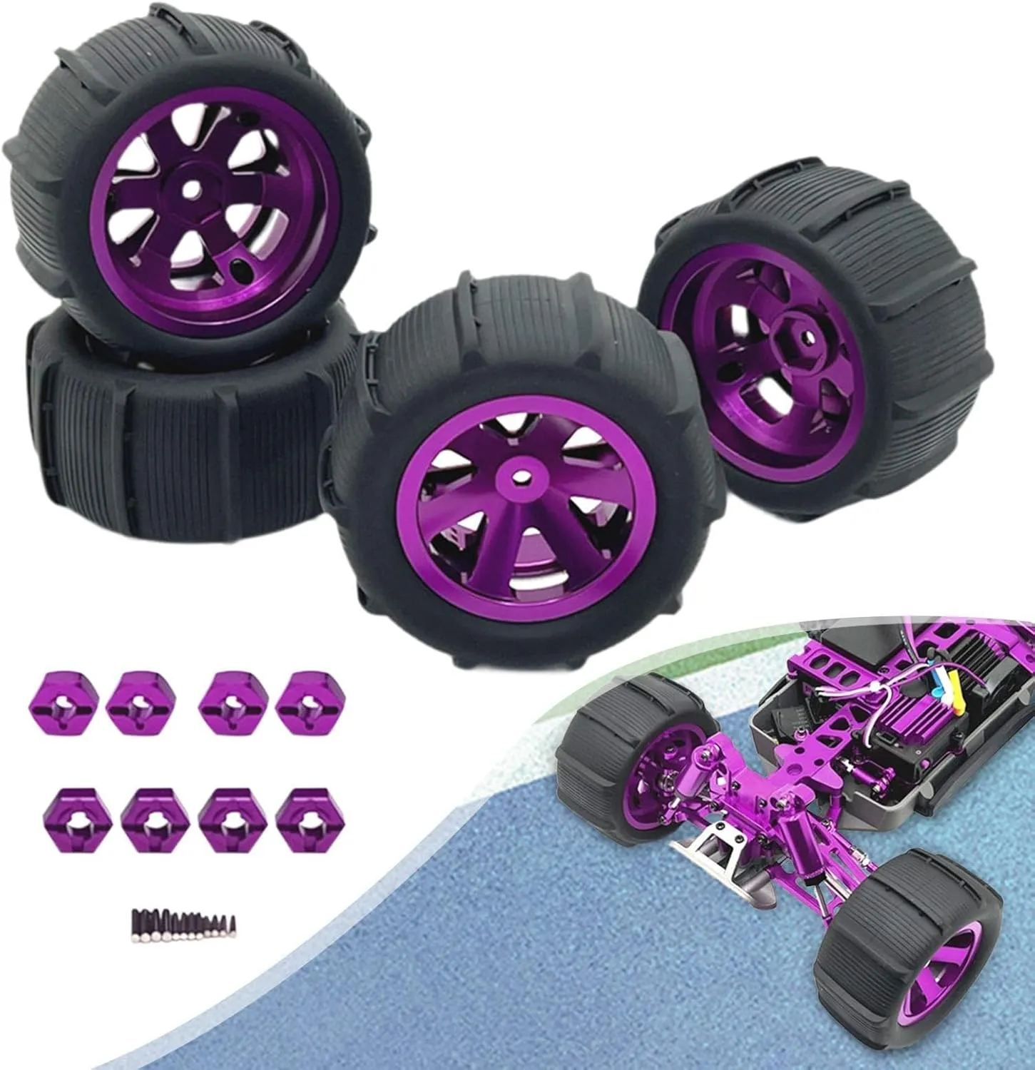 RC Car Wheels and Tires Set for 1/12 1/14 1/16 1/18 Scale Models, Purple