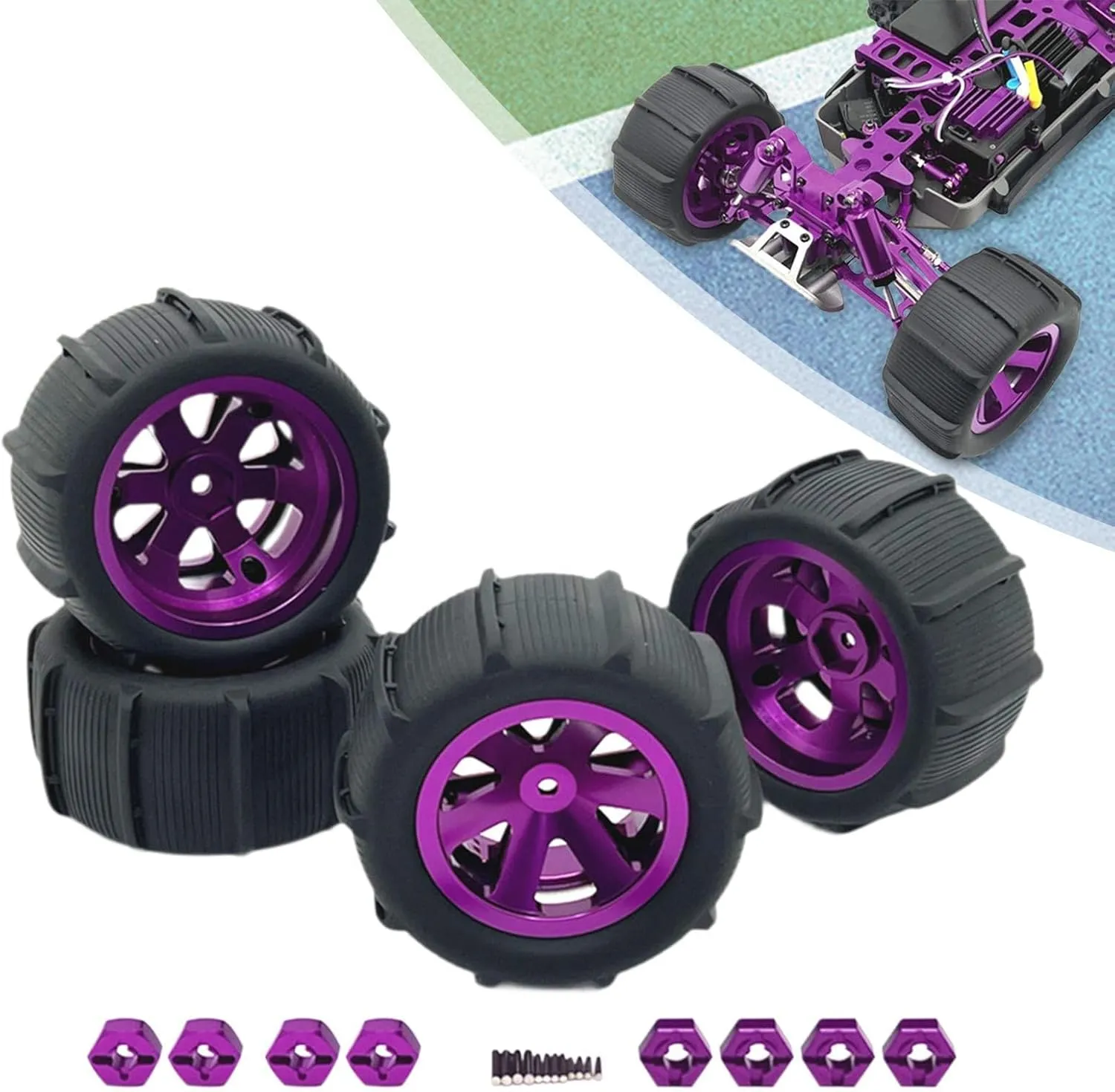 RC Car Wheels and Tires Set for 1/12 1/14 1/16 1/18 Scale Models, Purple