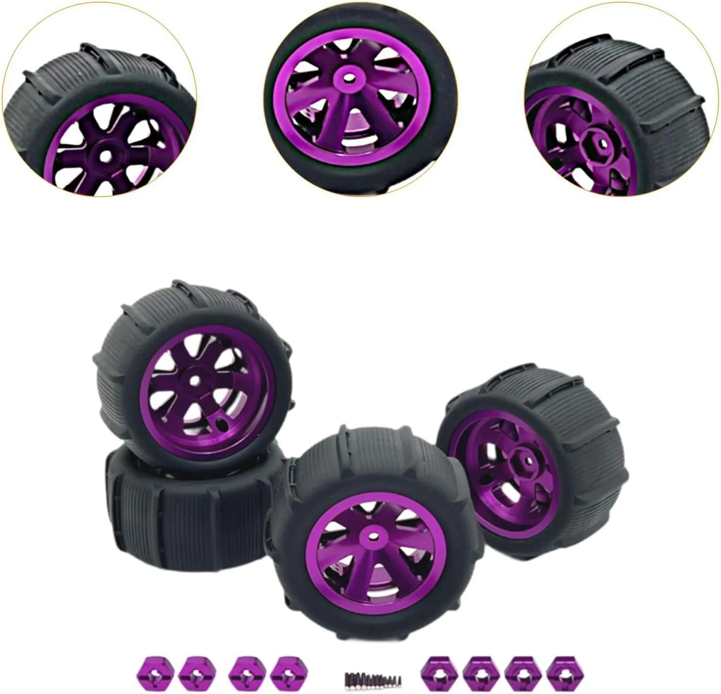 RC Car Wheels and Tires Set for 1/12 1/14 1/16 1/18 Scale Models, Purple